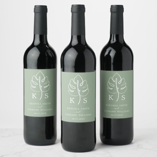 Custom Monstera Monogram Wedellogo Weinetikett (Flaschen)