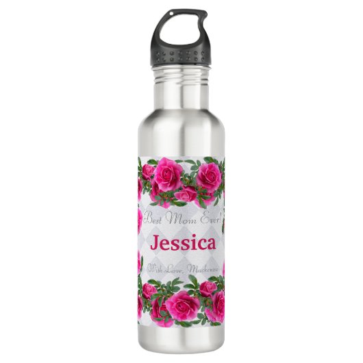 Custom Mother's Day Gift Personalisiert rosa Blume Edelstahlflasche (Vorderseite)