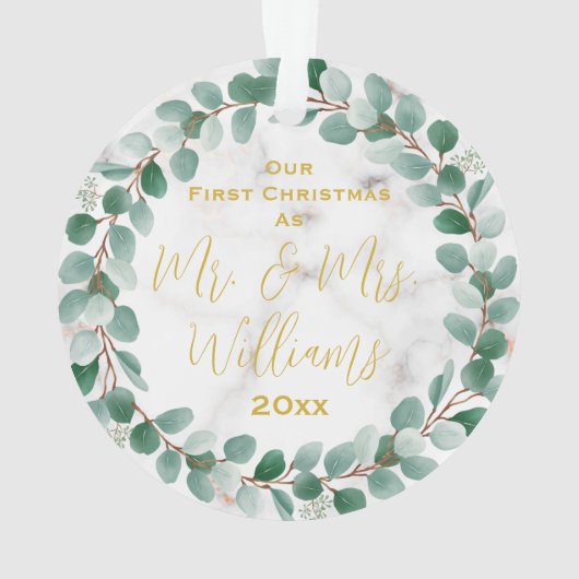 Custom Mr. and Mrs. Our First Christmas Verheirate Ornament (Rückseite)