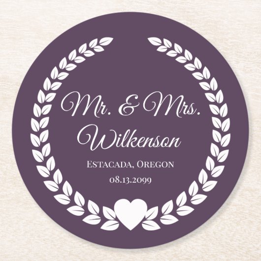 Custom Mr. & Mrs. Bride und Groom neu verheiratet Runder Pappuntersetzer (Vorderseite)
