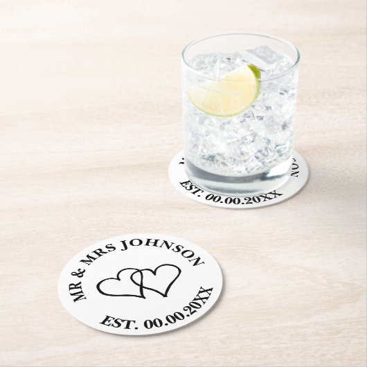 Custom mr mrs double heart Hochzeitsparty Unterset Runder Pappuntersetzer (Vor Ort)