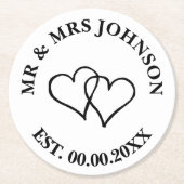 Custom mr mrs double heart Hochzeitsparty Unterset Runder Pappuntersetzer (Vorderseite)