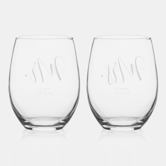 Custom 'Mr. & Mrs. Minimale Script-Hochzeit Weinglas Ohne Stiel (Rückseite)