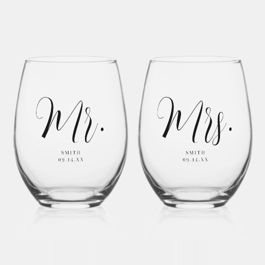 Custom 'Mr. & Mrs. Minimale Script-Hochzeit Weinglas Ohne Stiel (Vorderseite)