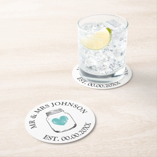 Custom mr und mrs mason jar Hochzeitsfeier Unterse Runder Pappuntersetzer (Vor Ort)