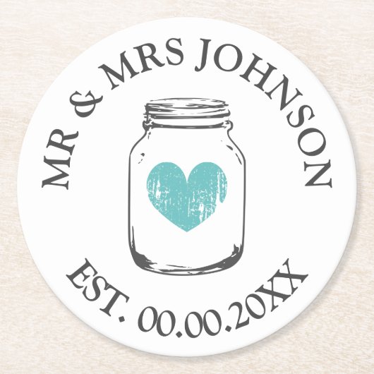Custom mr und mrs mason jar Hochzeitsfeier Unterse Runder Pappuntersetzer (Vorderseite)