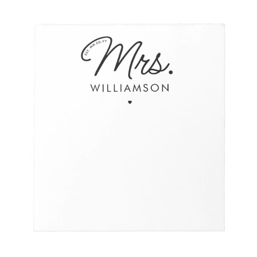 Custom Mrs. Est. Modernes, elegantes Script neu Notizblock (Vorderseite)