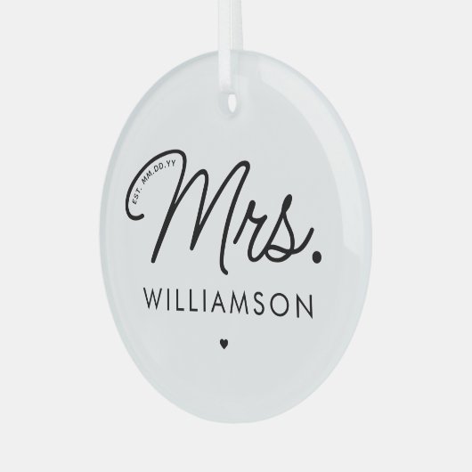 Custom Mrs. Est. Modernes, elegantes Script neu Ornament Aus Glas (Vorderseite links)