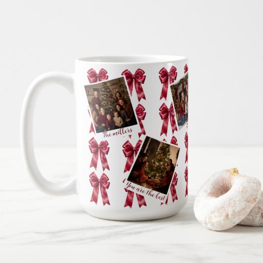 Custom Multi-Photo Christmas Mug with Red Bows Kaffeetasse (Mit Donut)