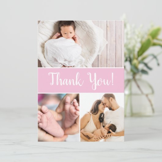 Custom Multiple Fotos Baby Girl Dusche Rosa Dankeskarte (Stehend Vorderseite)
