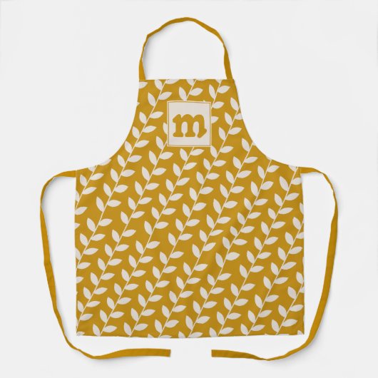 Custom Mustard 70er Retro Leaf Muster Monogram Schürze (Vorderseite)