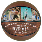 Custom MVP Player Number Foto Collage Woodgrain Basketball (Vorderseite)