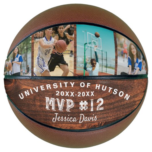 Custom MVP Player Number Foto Collage Woodgrain Basketball (Vorderseite)