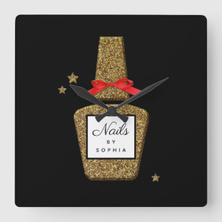 CUSTOM NAIL Salon Golden Glitzer Stylist Quadratische Wanduhr