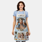 Custom Name 4 Photo Collage Elegant Blue Kitchen Schürze (Getragen)