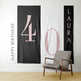 Custom Name & Age Banner Black Pink White Birthday Wandteppich