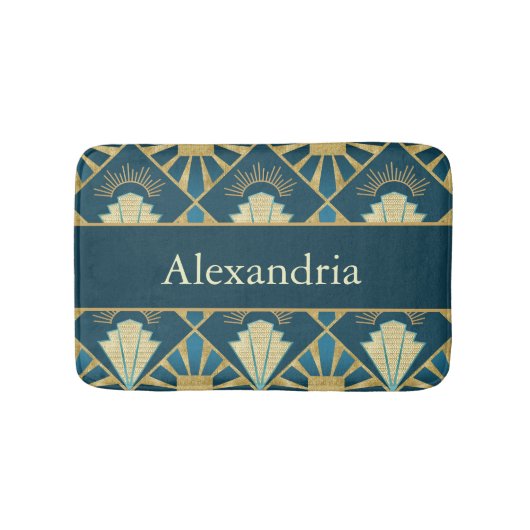 Custom Name Art Deco Teal & Gold Luxe Badematte (Vorderseite)