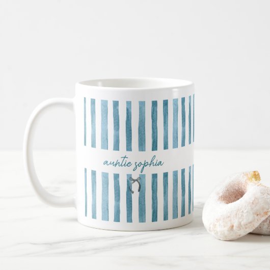 Custom Name Auntie, Watercolor Blue Stripe  Kaffeetasse (Mit Donut)