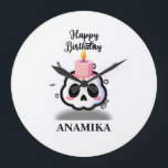 Custom Name Birthday Große Wanduhr<br><div class="desc">Celebrate with a twist! This unique birthday design blends the edgy pastel goth aesthetic with a touch of sweetness. Featuring a cute, rosy-cheeked skull topped with a melting pink birthday candle, it’s the perfect statement piece for those who love alternative styles. The bold "Happy Birthday" script and minimalist confetti accents...</div>