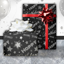 Custom Name Birthday Modern Script Stars  Geschenkpapier