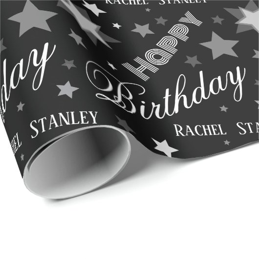 Custom Name Birthday Modern Script Stars Geschenkpapier (Rolleneckpunkt)