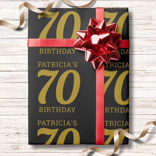 Custom Name Black And Gold Text 70th Birthday   Geschenkpapier