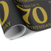 Custom Name Black And Gold Text 70th Birthday   Geschenkpapier (Rolleneckpunkt)