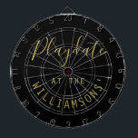 Custom Name Black Gold Playdate Script Minimalist  Dartscheibe<br><div class="desc">Personalized dartboard with a family name for example. Simple minimalist minimal design with the customizable phrase quote saying Playdate at the family name. Premium neutral black and gold look with a combination of trendy handwriting script calligraphy and a modern clean sans serif font typography. Playing darts game at family and...</div>