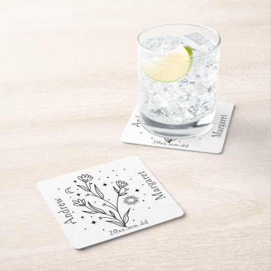 Custom Name Black & White Floral  Rechteckiger Pappuntersetzer (Vor Ort)