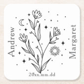 Custom Name Black & White Floral  Rechteckiger Pappuntersetzer (Vorderseite)