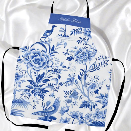 Custom Name Blue Chinoiserie Floral Kitchen Apron Schürze