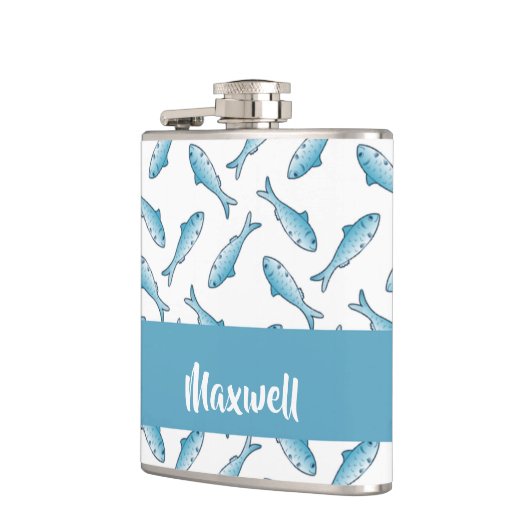 Custom name blue fish on white flachmann (Links)