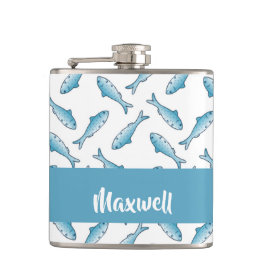 Custom name blue fish on white flachmann