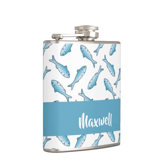 Custom name blue fish on white flachmann (Rechts)