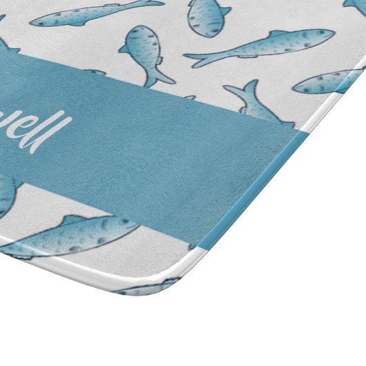 Custom name blue fish on white schneidebrett (Ecke)