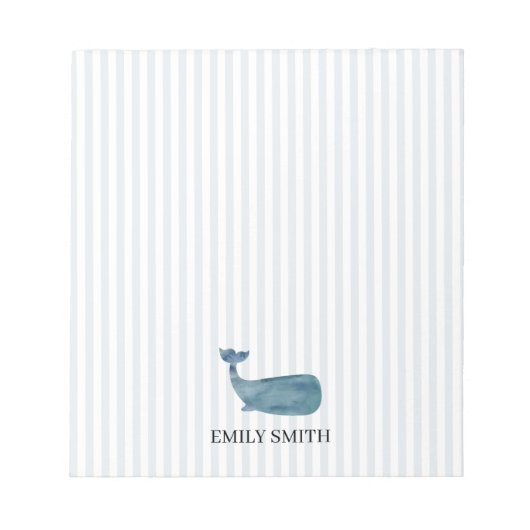 Custom Name Blue Whale Nautical Stripe Notizblock (Vorderseite)