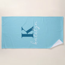 Custom Name Blue White Minimal Beach Towel
