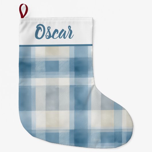 Custom Name Blue & White Plaid Christmas Stocking Großer Weihnachtsstrumpf (Vorderseite)