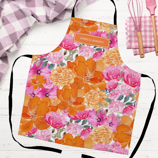 Custom Name Bright Orange Pink Floral Kitchen Schürze