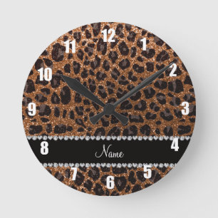 Custom name burnt gold glitter leopard print runde wanduhr