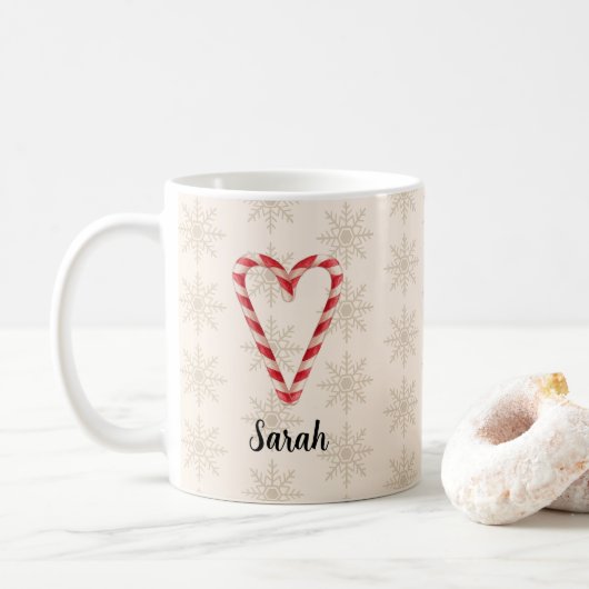 Custom Name Candy Cane Heart Snowflake Pattern Kaffeetasse (Mit Donut)
