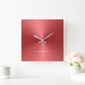 Custom Name Candy Red Metallic Quadratische Wanduhr (Zuhause)