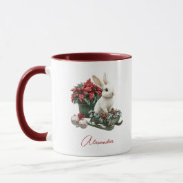 Custom Name Christmas Bunny Rabbit Red Poinsettia Tasse