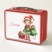 Custom Name Christmas elf with a sack of gifts Metall Brotdose (Rückseite)