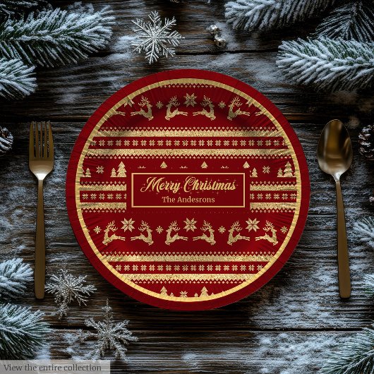 Custom Name Christmas Paper Plates Luxe Red Gold Pappteller