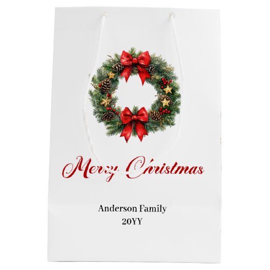 Custom name Christmas wreath holiday gift bag idea Mittlere Geschenktüte (Rückseite)