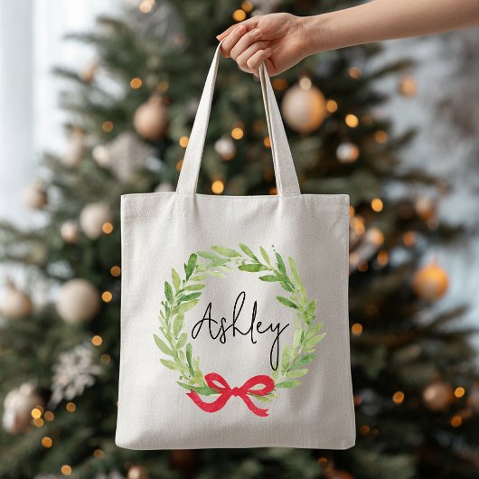 Custom Name Christmas Wreath Tote Bag for Women Tragetasche