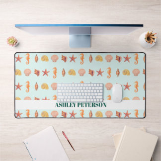 Custom Name Coastal Watercolor Seashells Teal Schreibtischunterlage