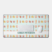 Custom Name Coastal Watercolor Seashells Teal Schreibtischunterlage (Tastatur & Maus)