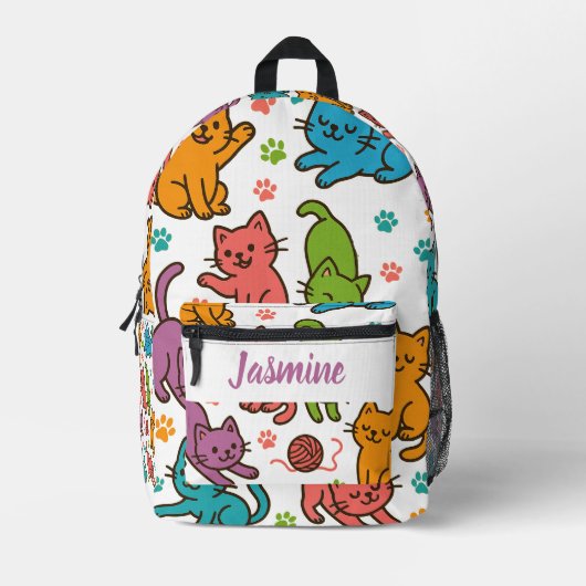 Custom Name Colorful Cartoon Cat Backpack – Kids Bedruckter Rucksack (Vorderseite)